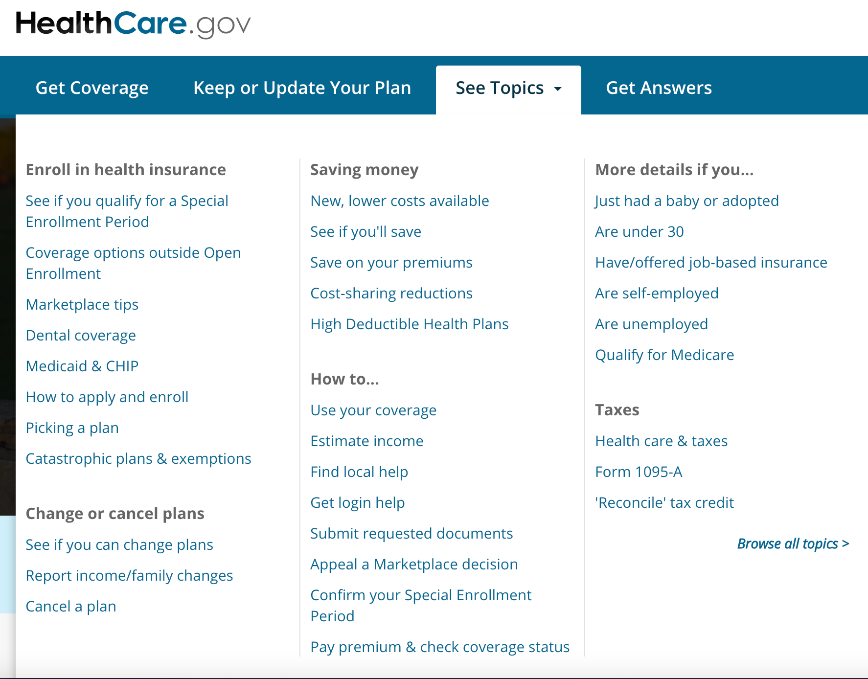 Webpage from Healthcare.gov.