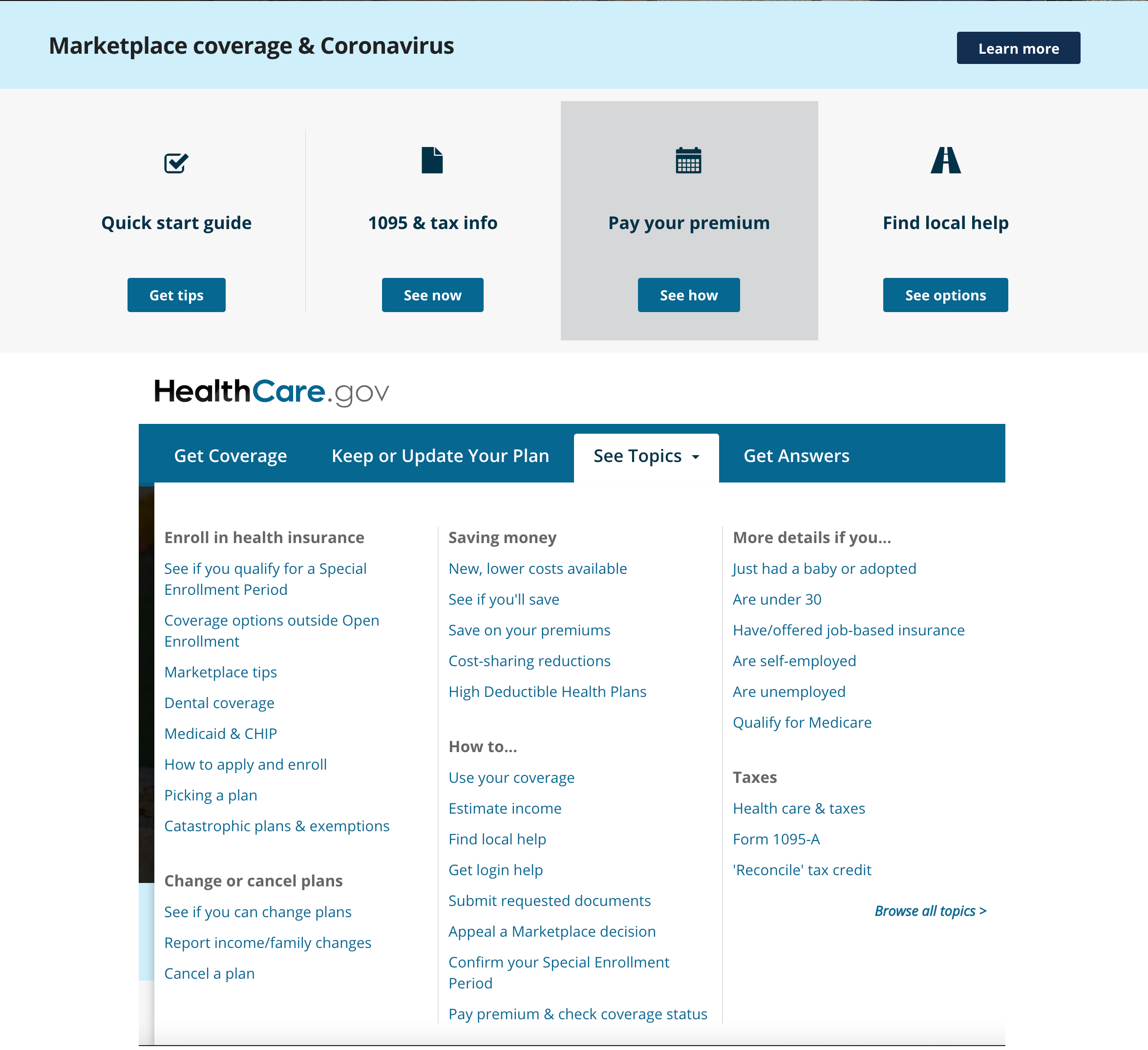Screenshot of navigation pages for Healthcare.gov