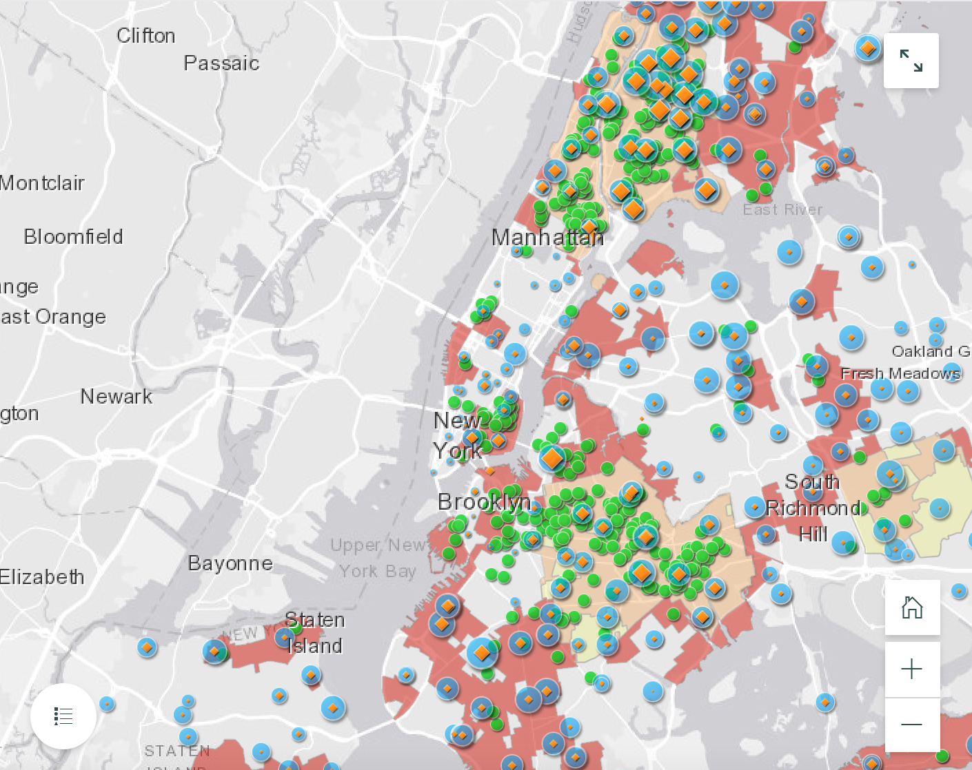 Map showing locations of community gardens in NYC.